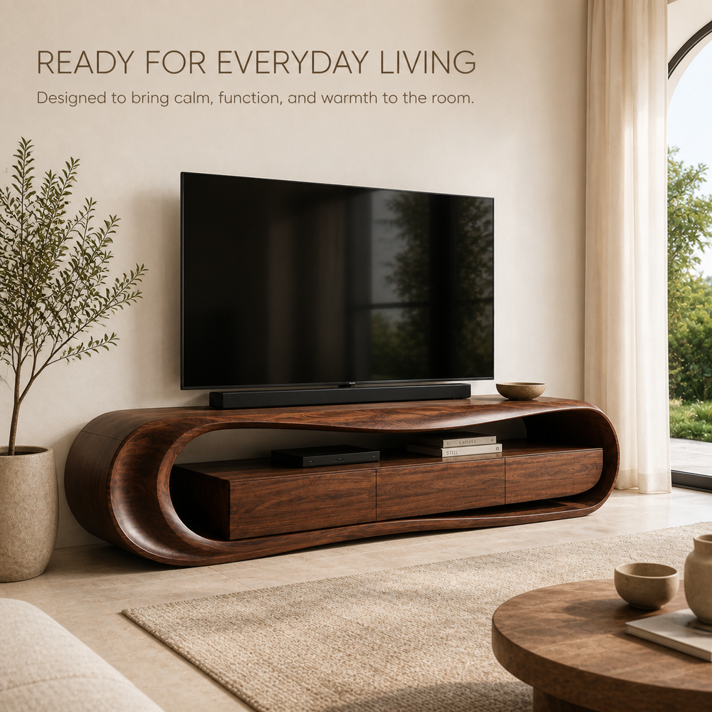 Orin Sculptural Solid Wood TV Stand - Design 011 - TV stand detail and styling view 06