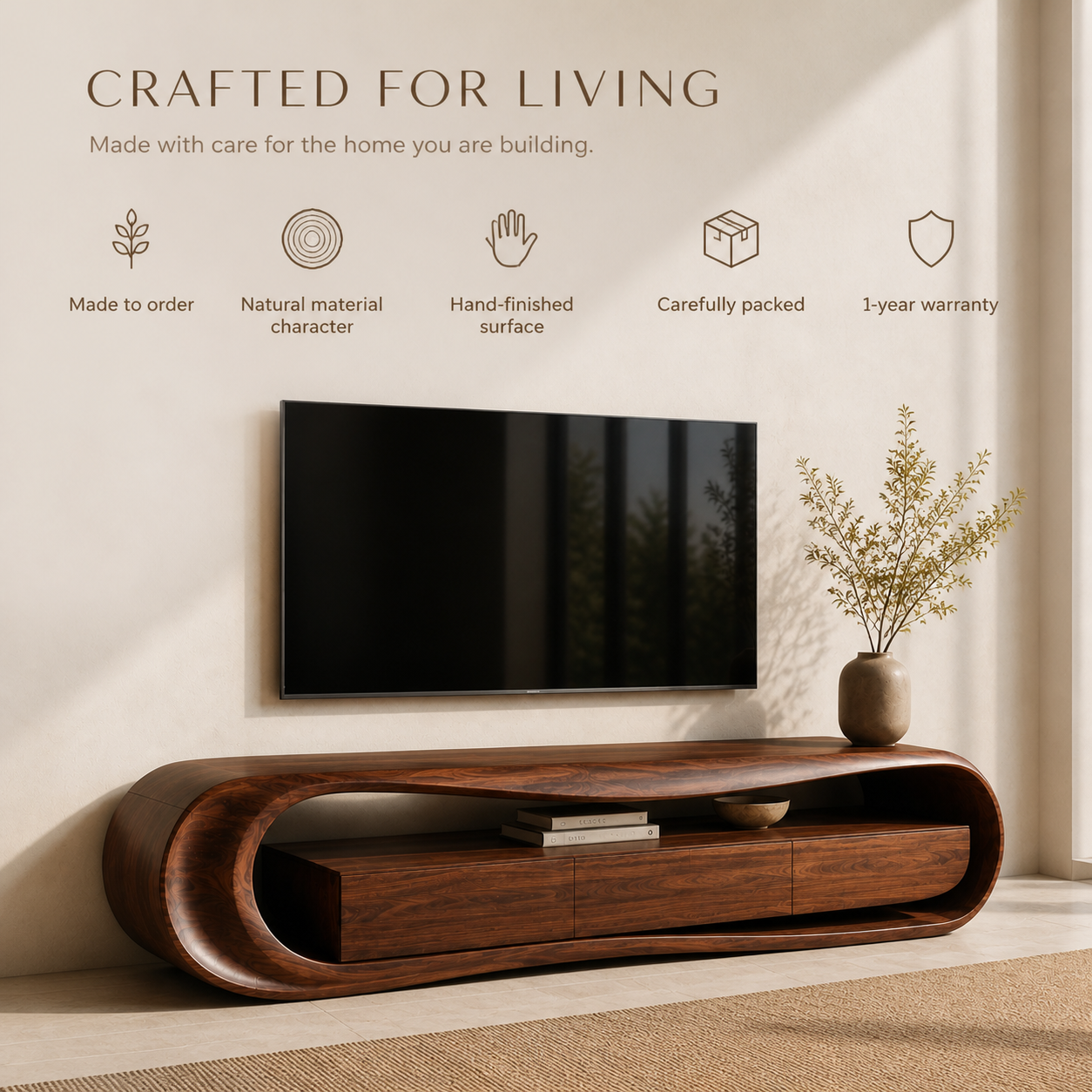 Orin Sculptural Solid Wood TV Stand - Design 011 - TV stand detail and styling view 08