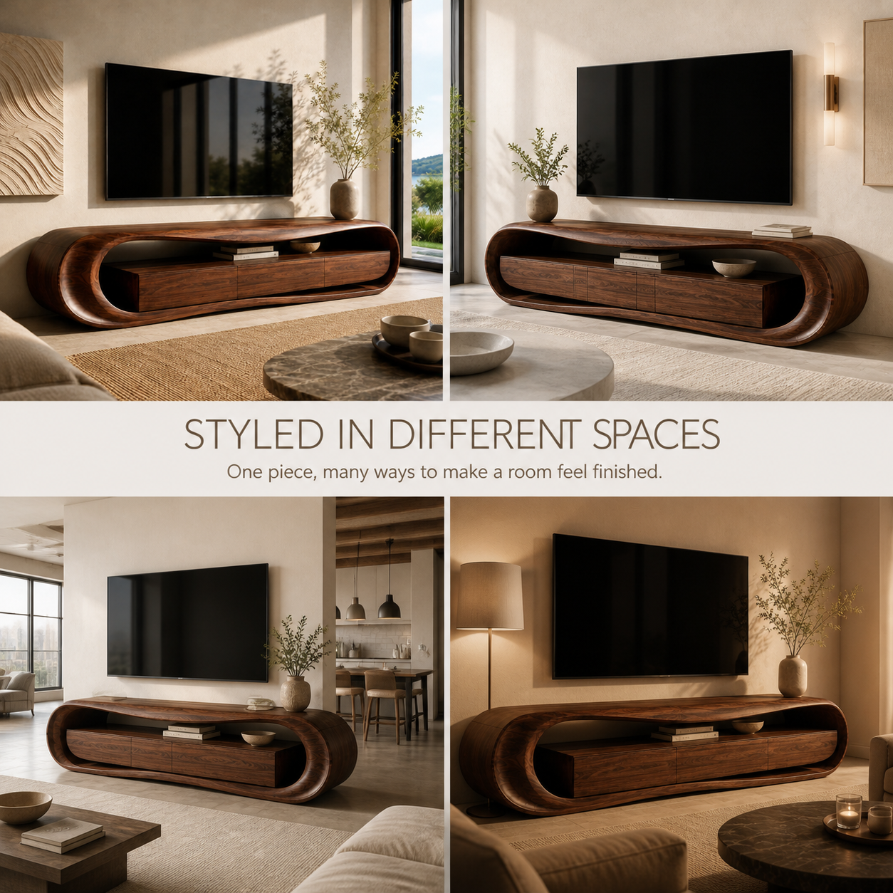 Orin Sculptural Solid Wood TV Stand - Design 011 - TV stand detail and styling view 09