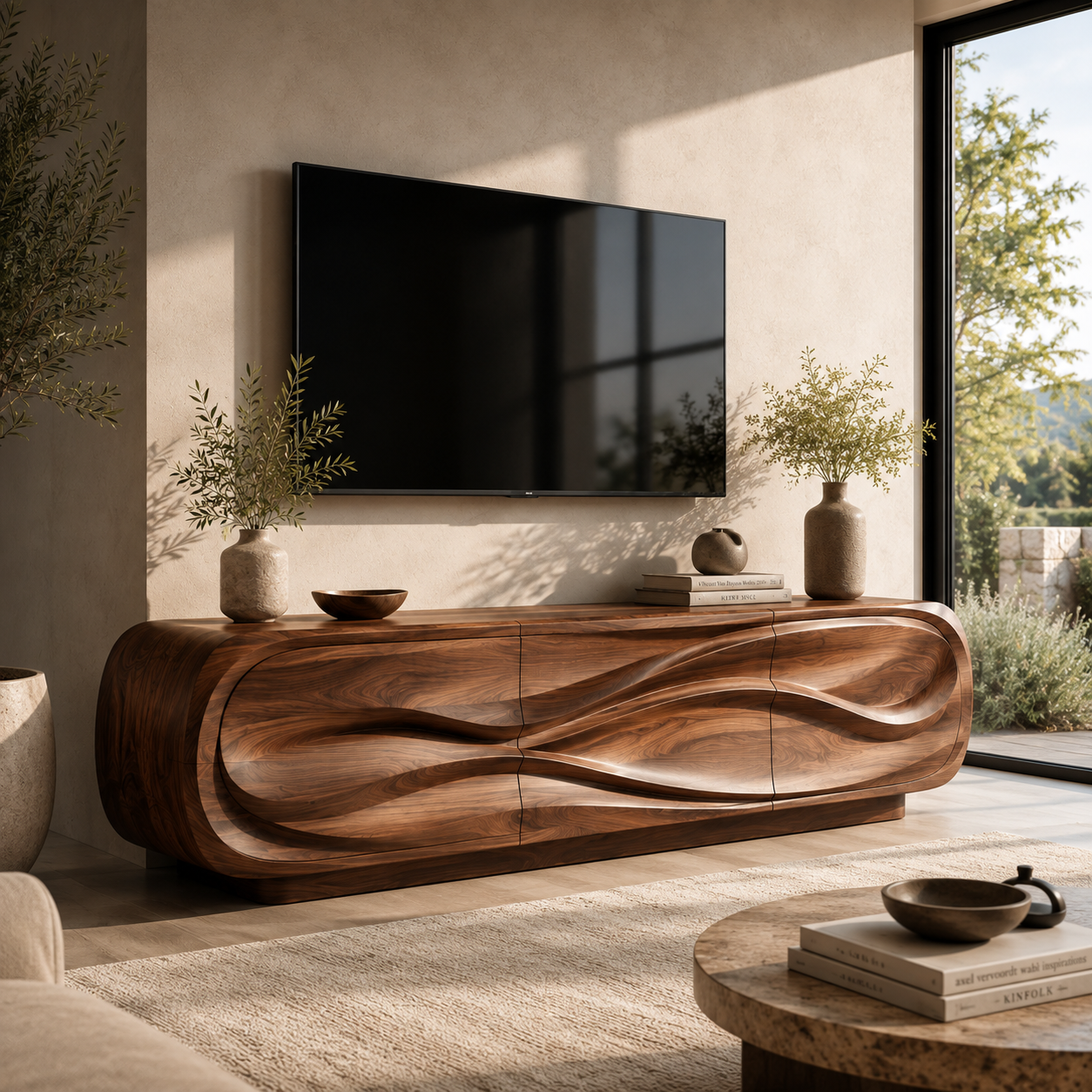 Selene Sculptural Solid Wood TV Stand - Design 012 - premium solid wood TV stand main lifestyle view