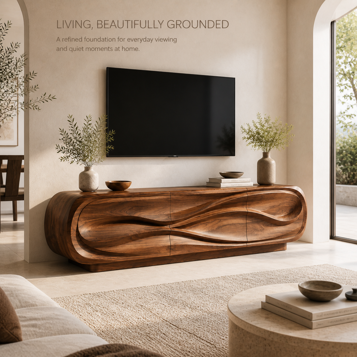 Selene Sculptural Solid Wood TV Stand - Design 012 - TV stand detail and styling view 01