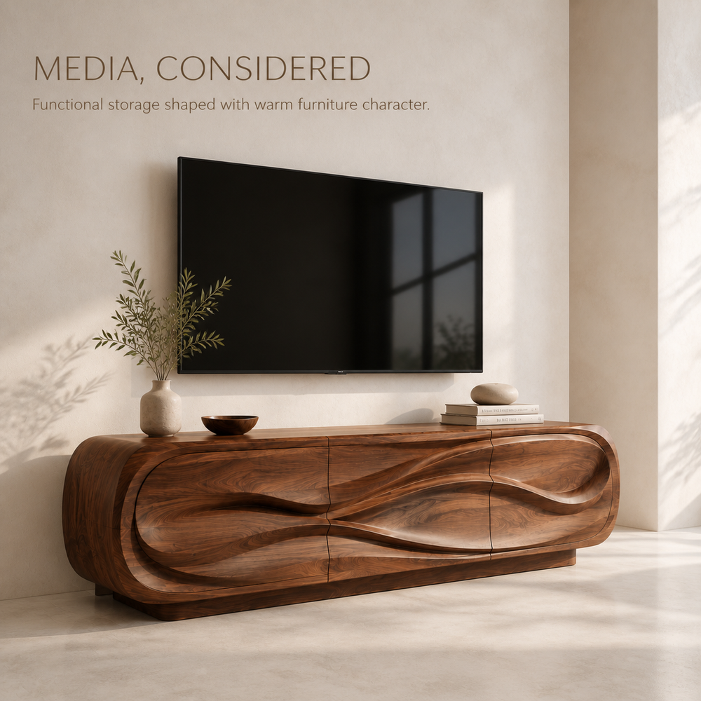 Selene Sculptural Solid Wood TV Stand - Design 012 - TV stand detail and styling view 02