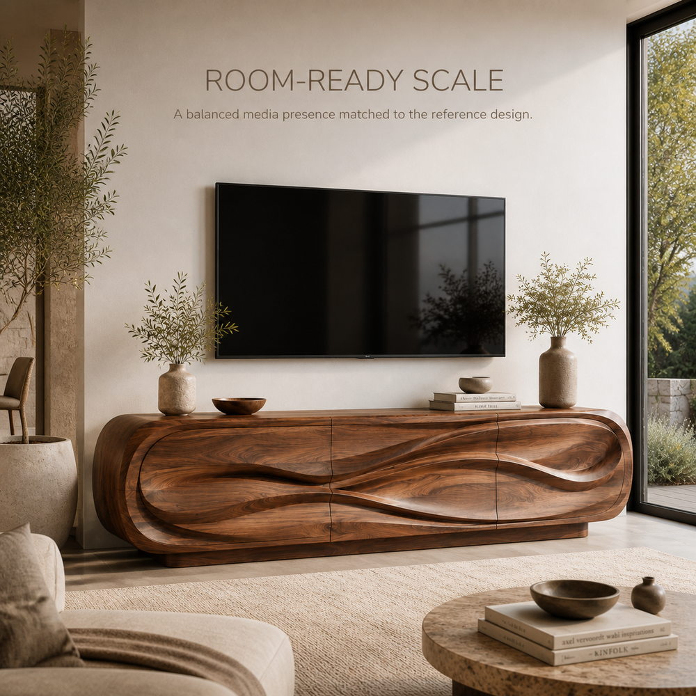 Selene Sculptural Solid Wood TV Stand - Design 012 - TV stand detail and styling view 03