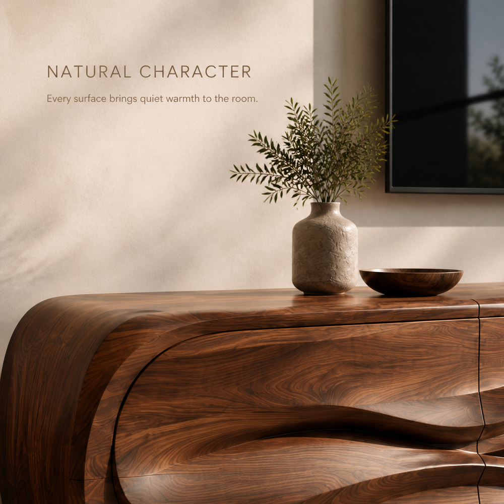 Selene Sculptural Solid Wood TV Stand - Design 012 - TV stand detail and styling view 04