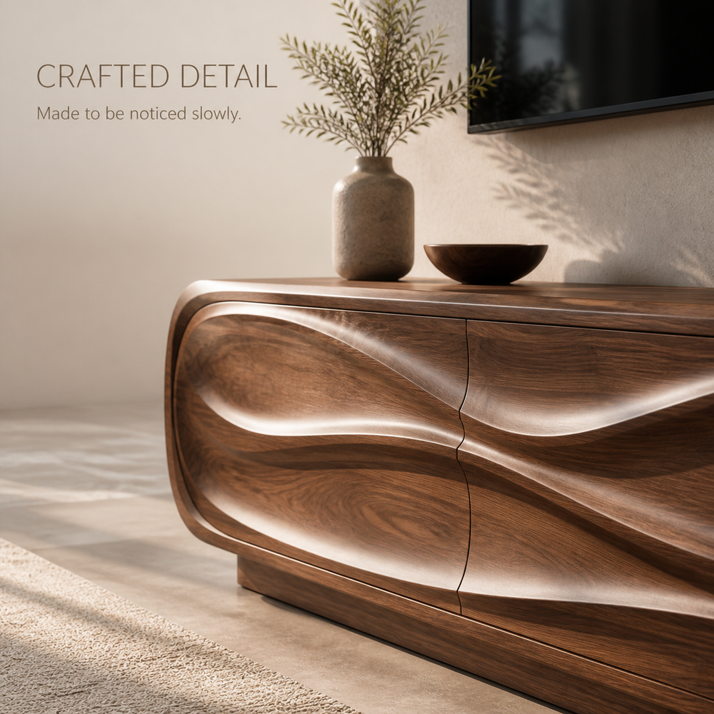 Selene Sculptural Solid Wood TV Stand - Design 012 - TV stand detail and styling view 05