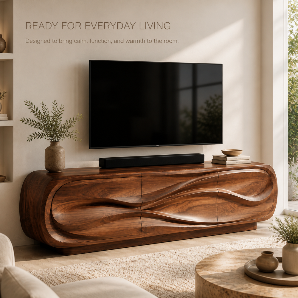 Selene Sculptural Solid Wood TV Stand - Design 012 - TV stand detail and styling view 06