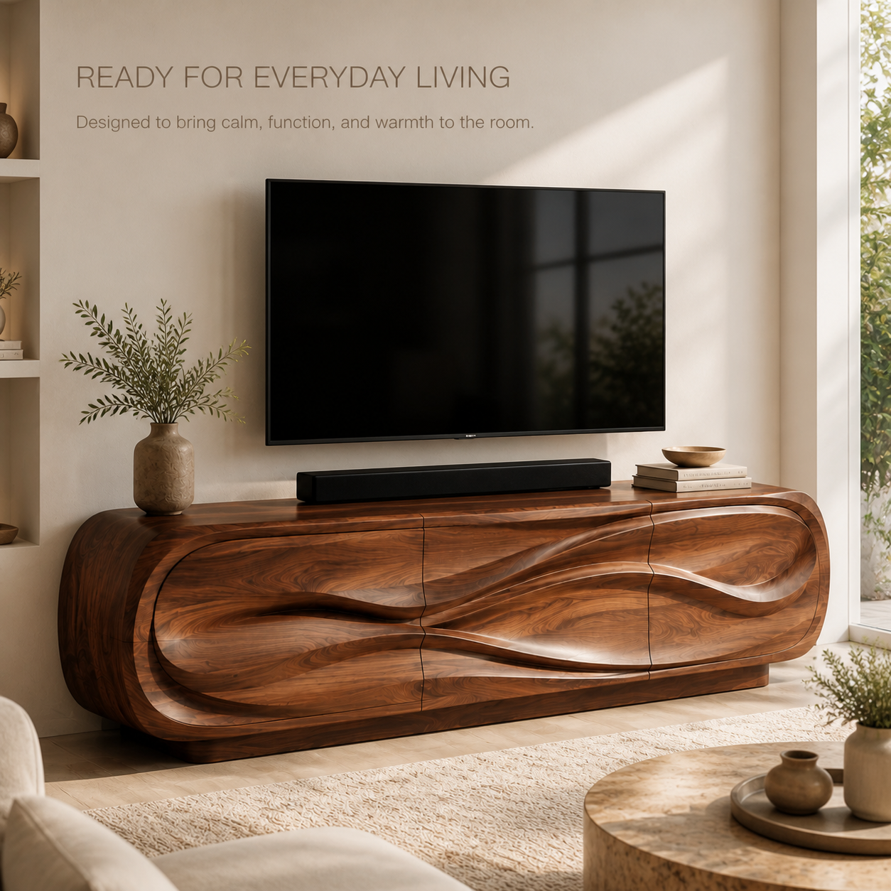 Selene Sculptural Solid Wood TV Stand - Design 012 - TV stand detail and styling view 06