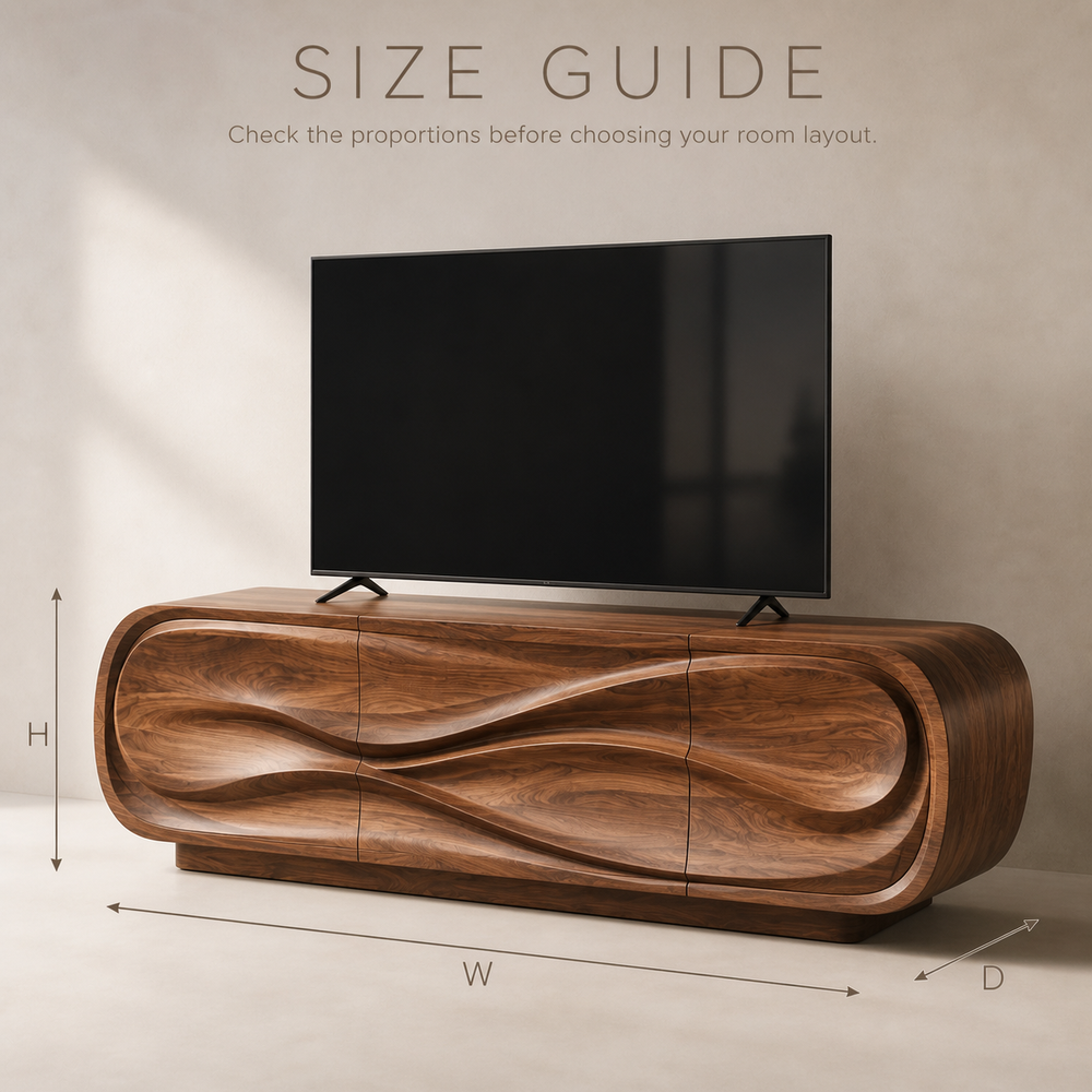 Selene Sculptural Solid Wood TV Stand - Design 012 - TV stand detail and styling view 07