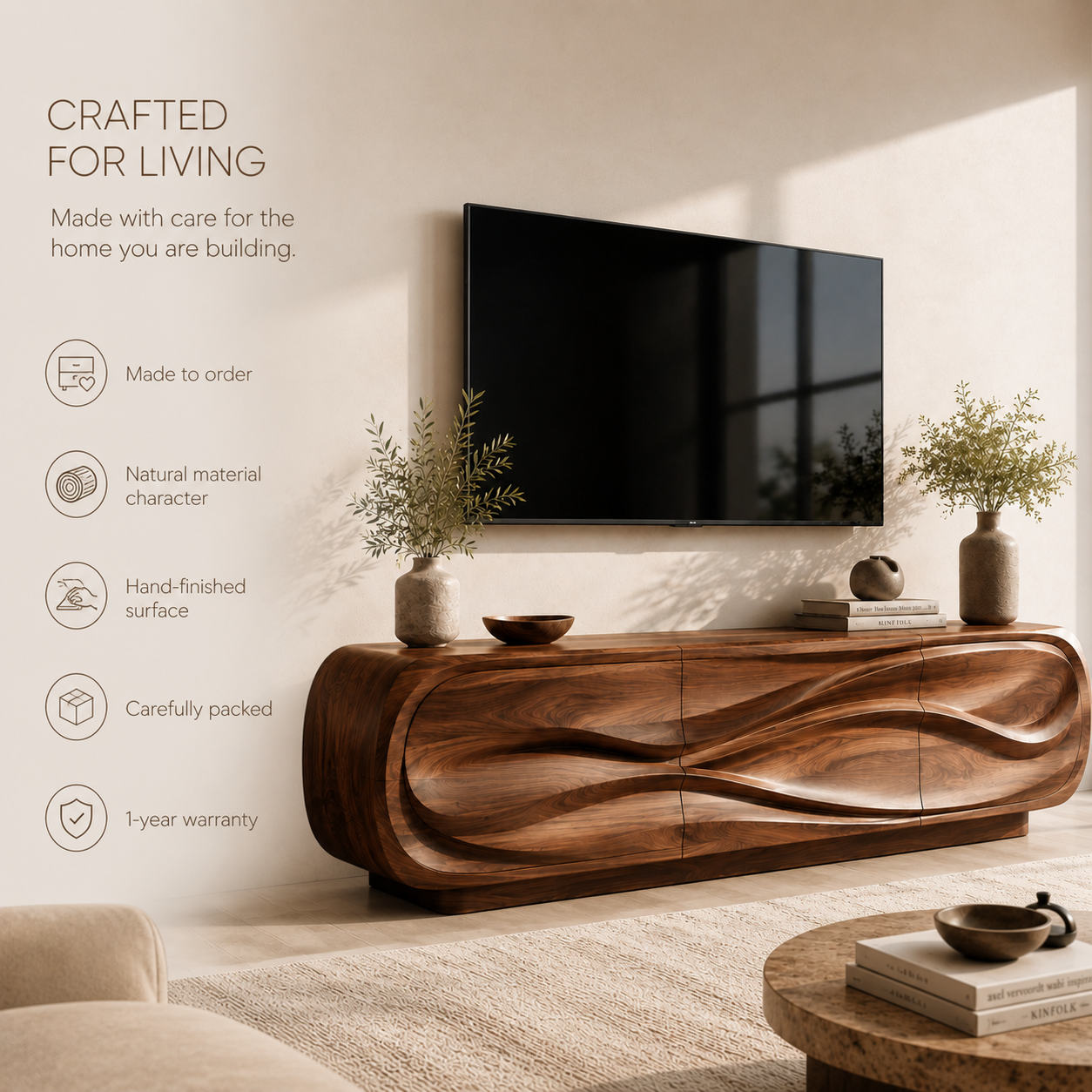 Selene Sculptural Solid Wood TV Stand - Design 012 - TV stand detail and styling view 08