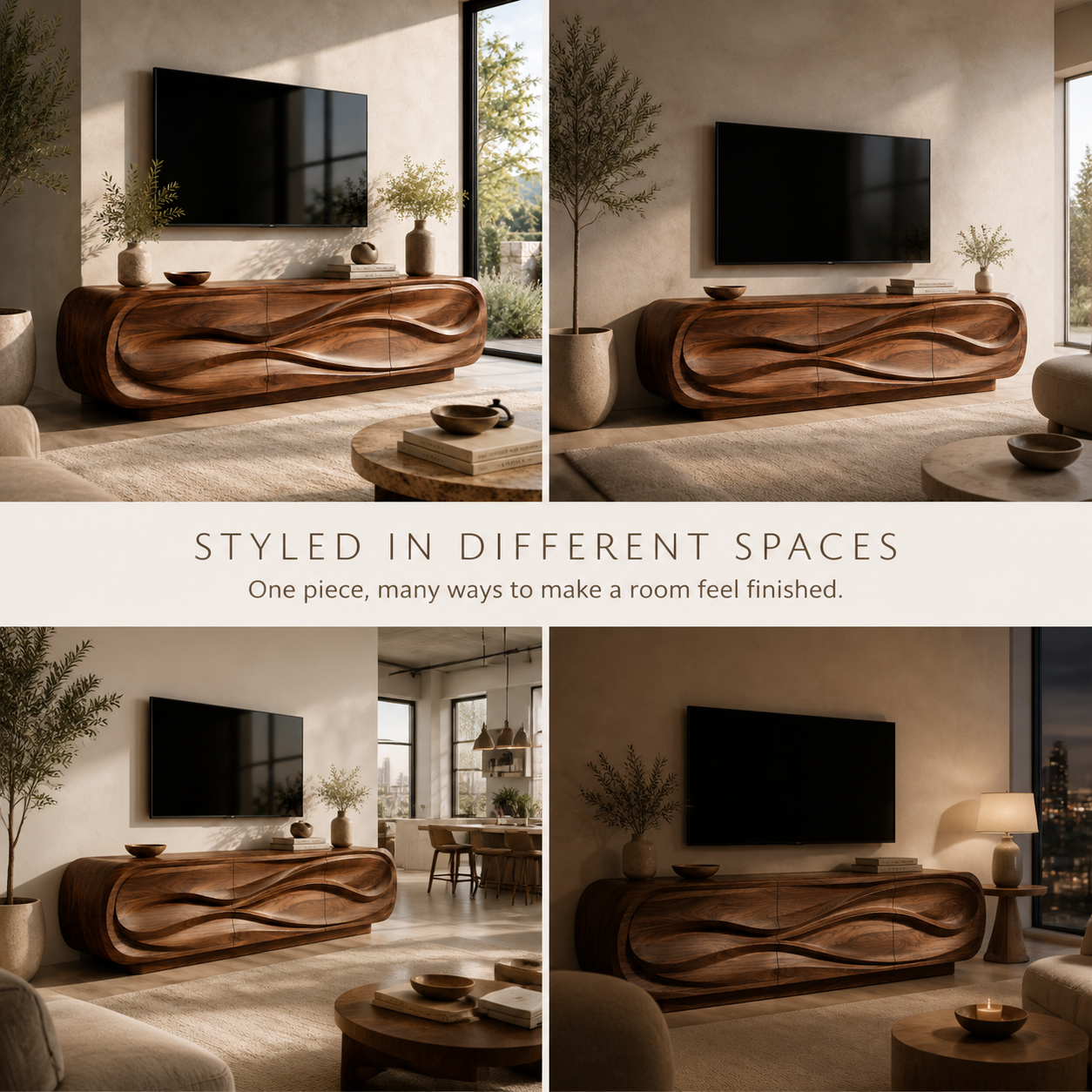 Selene Sculptural Solid Wood TV Stand - Design 012 - TV stand detail and styling view 09