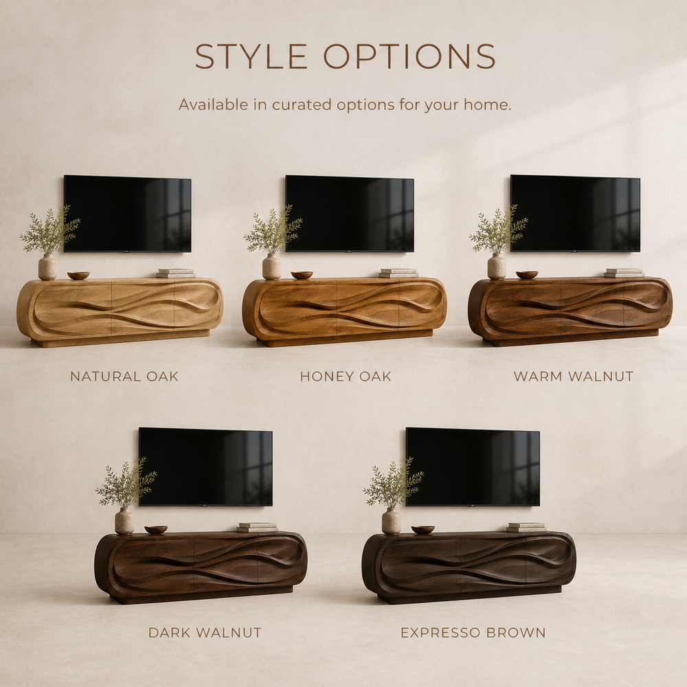 Selene Sculptural Solid Wood TV Stand - Design 012 - TV stand detail and styling view 10