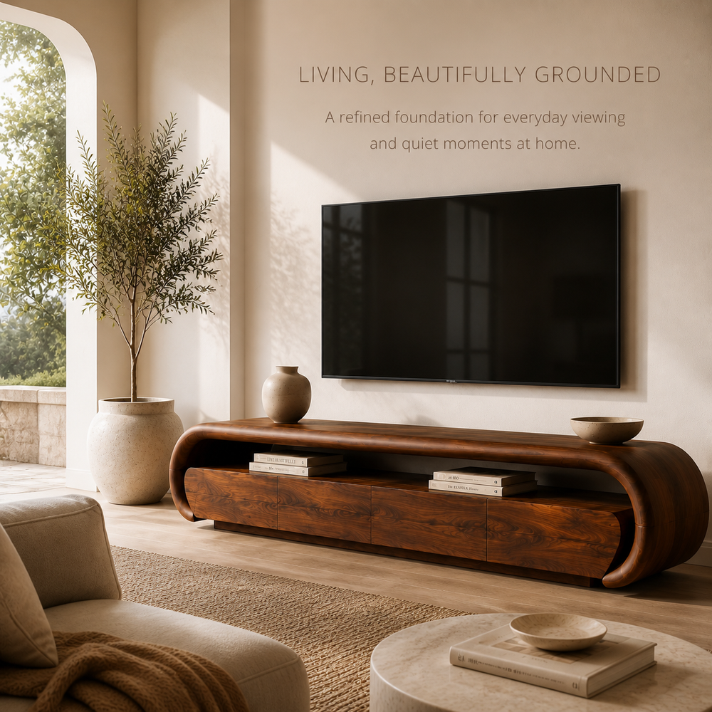 Darian Sculptural Solid Wood TV Stand - Design 013 - TV stand detail and styling view 01