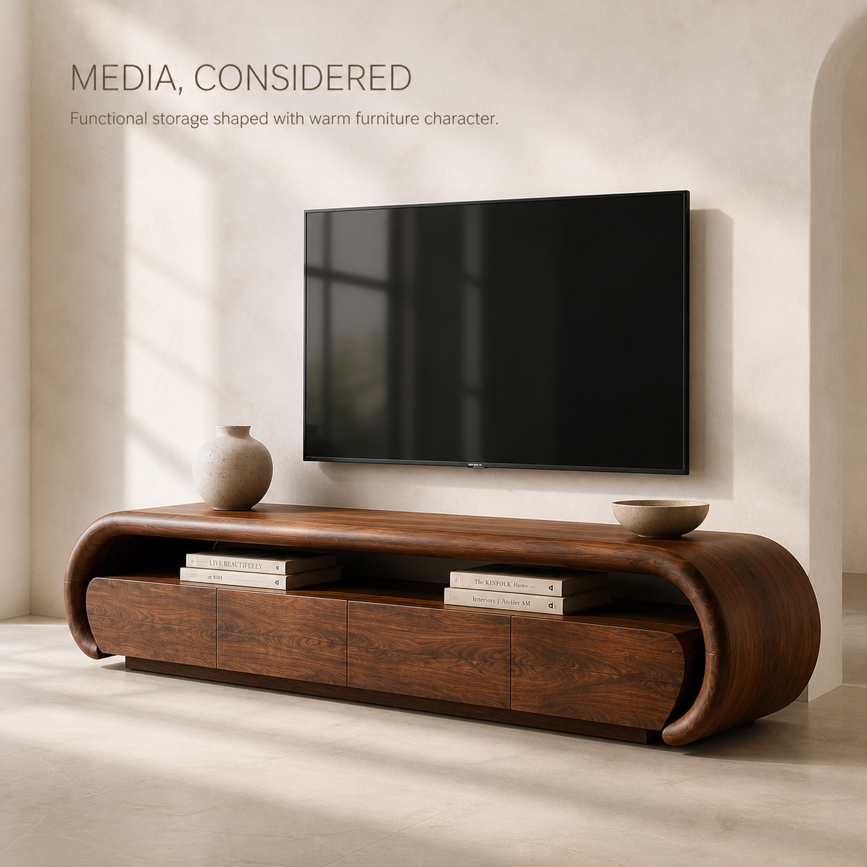 Darian Sculptural Solid Wood TV Stand - Design 013 - TV stand detail and styling view 02