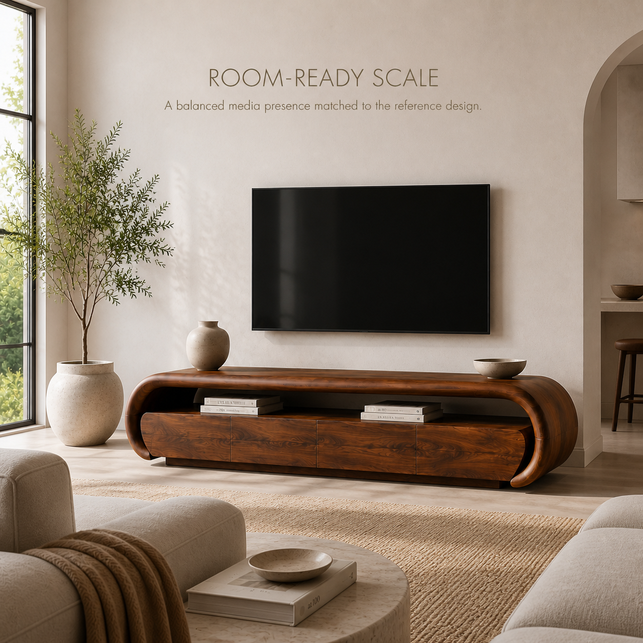 Darian Sculptural Solid Wood TV Stand - Design 013 - TV stand detail and styling view 03