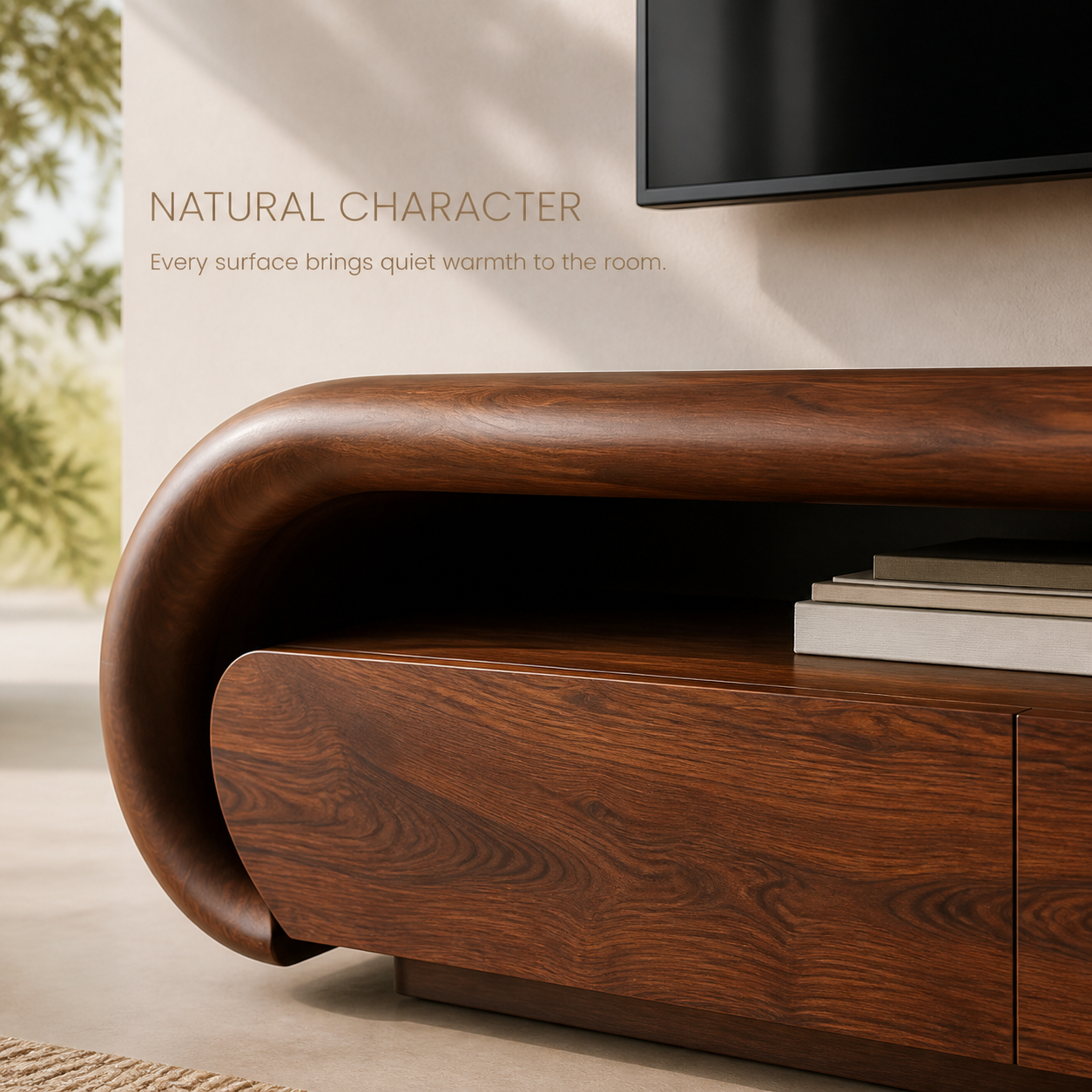 Darian Sculptural Solid Wood TV Stand - Design 013 - TV stand detail and styling view 04