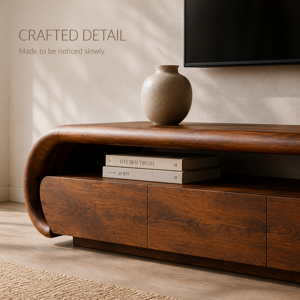 Darian Sculptural Solid Wood TV Stand - Design 013 - TV stand detail and styling view 05
