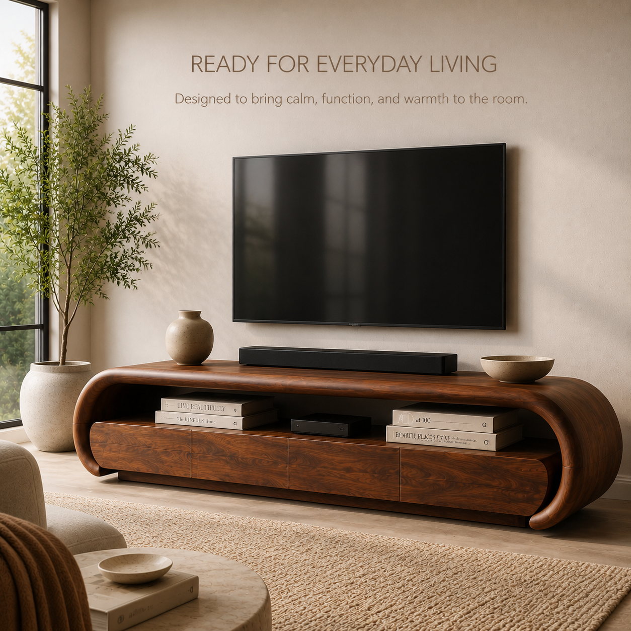 Darian Sculptural Solid Wood TV Stand - Design 013 - TV stand detail and styling view 06