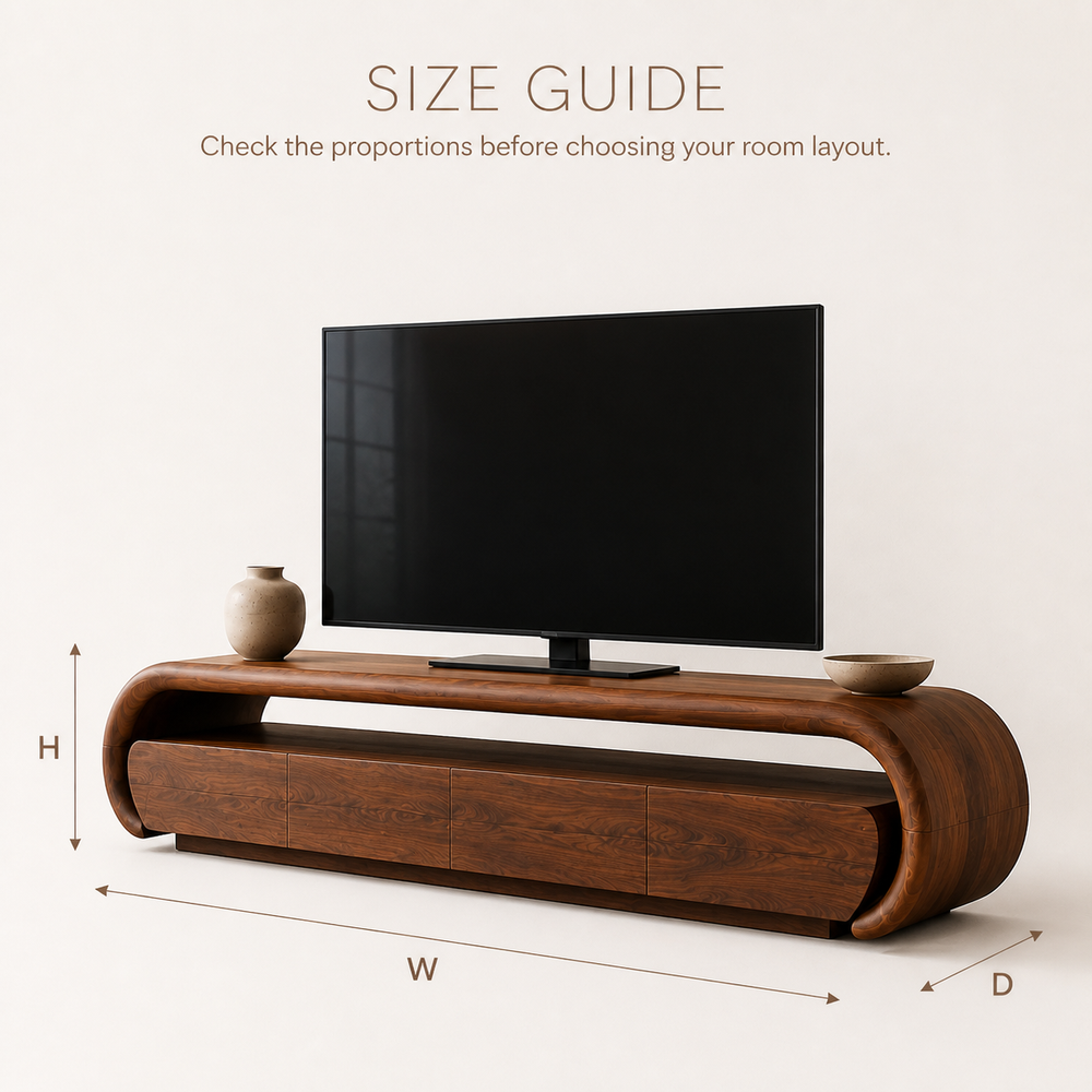 Darian Sculptural Solid Wood TV Stand - Design 013 - TV stand detail and styling view 07