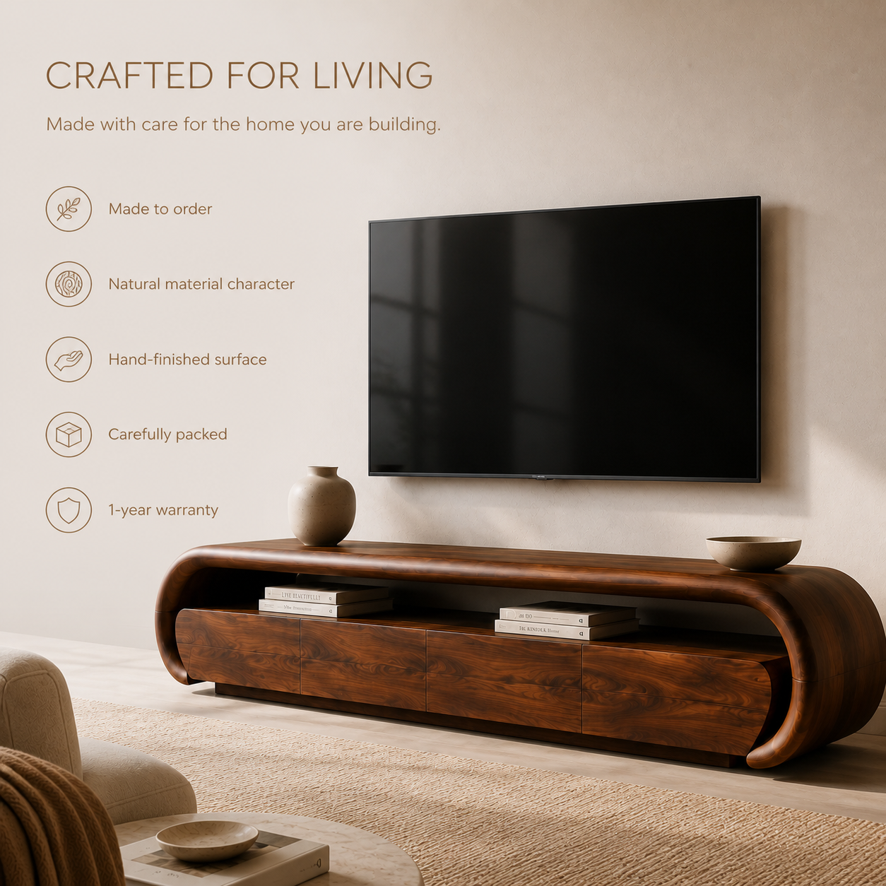 Darian Sculptural Solid Wood TV Stand - Design 013 - TV stand detail and styling view 08