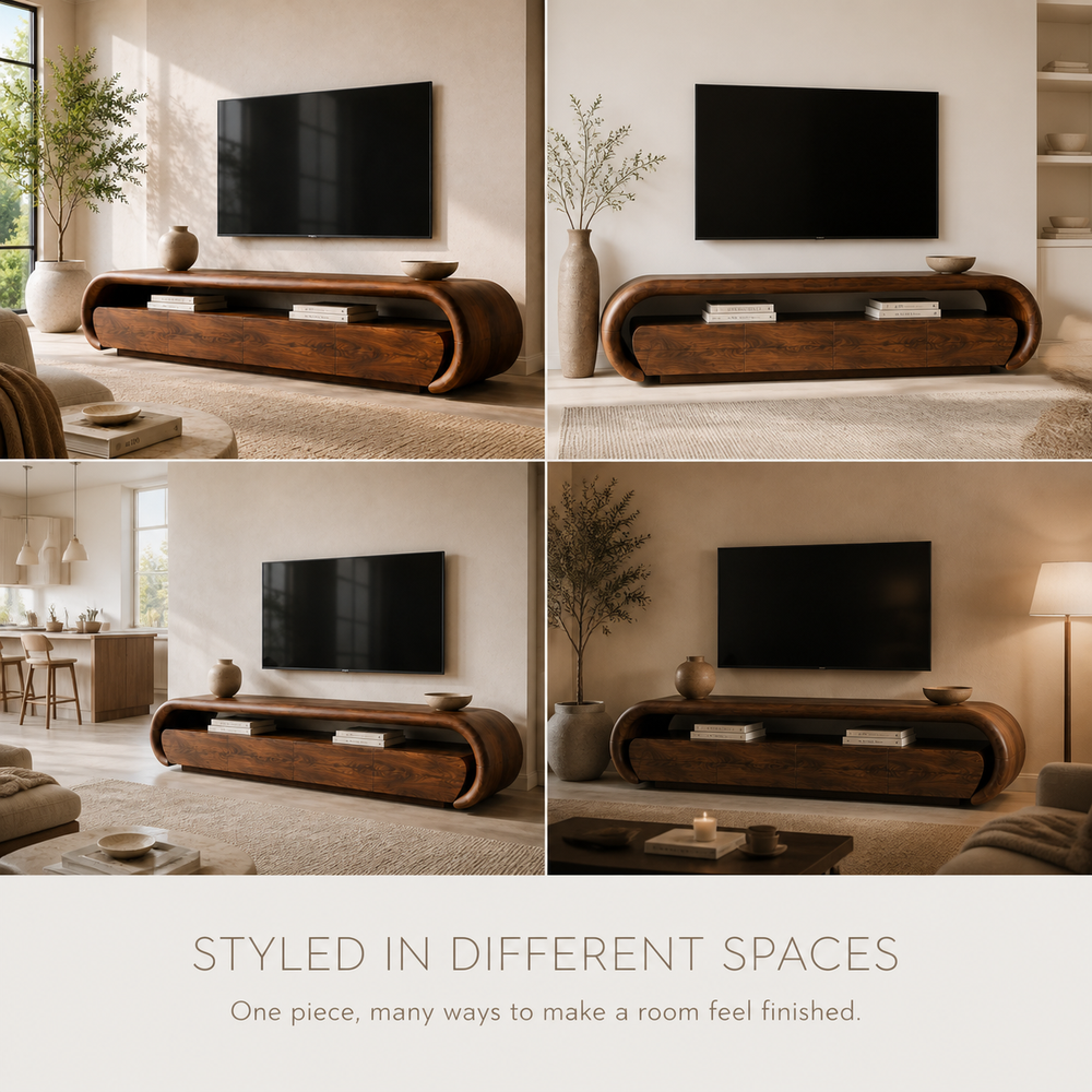 Darian Sculptural Solid Wood TV Stand - Design 013 - TV stand detail and styling view 09