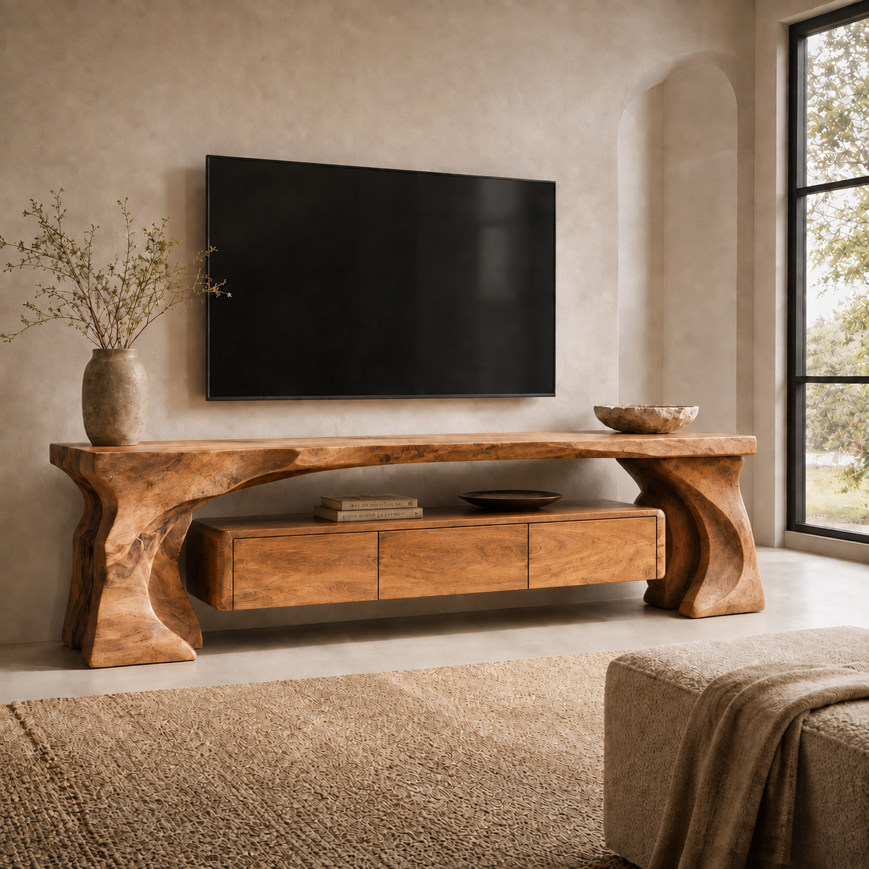 Mira Sculptural Solid Wood TV Stand - Design 014 - premium solid wood TV stand main lifestyle view