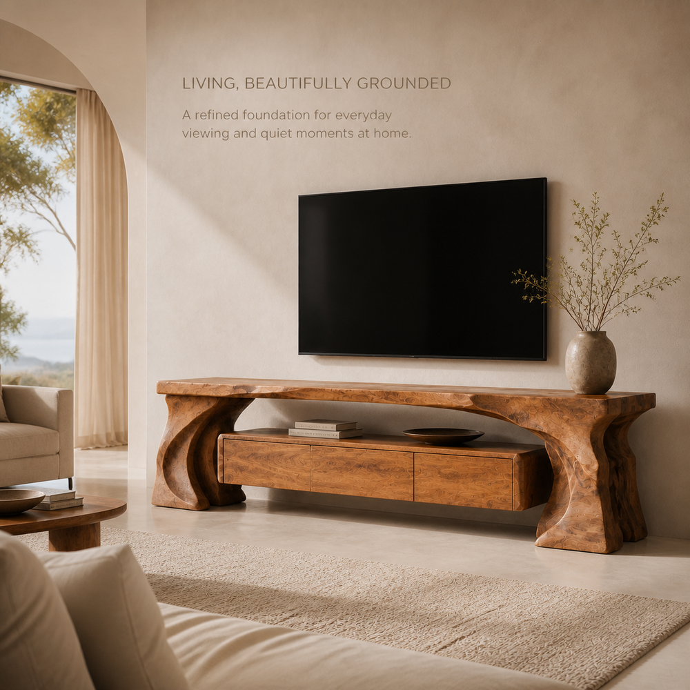 Mira Sculptural Solid Wood TV Stand - Design 014 - TV stand detail and styling view 01