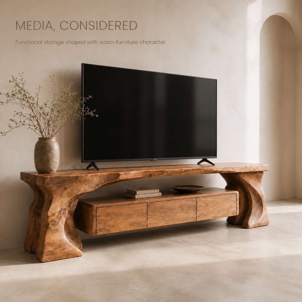 Mira Sculptural Solid Wood TV Stand - Design 014 - TV stand detail and styling view 02