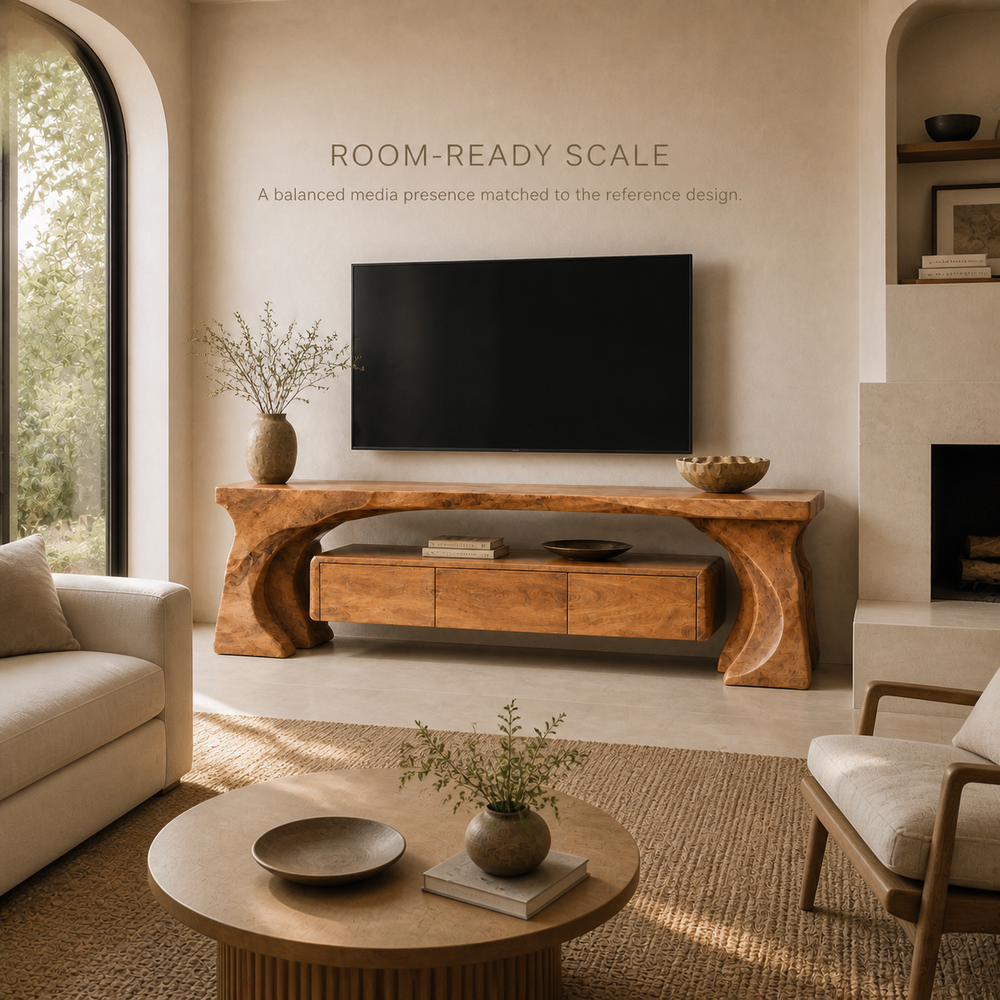 Mira Sculptural Solid Wood TV Stand - Design 014 - TV stand detail and styling view 03