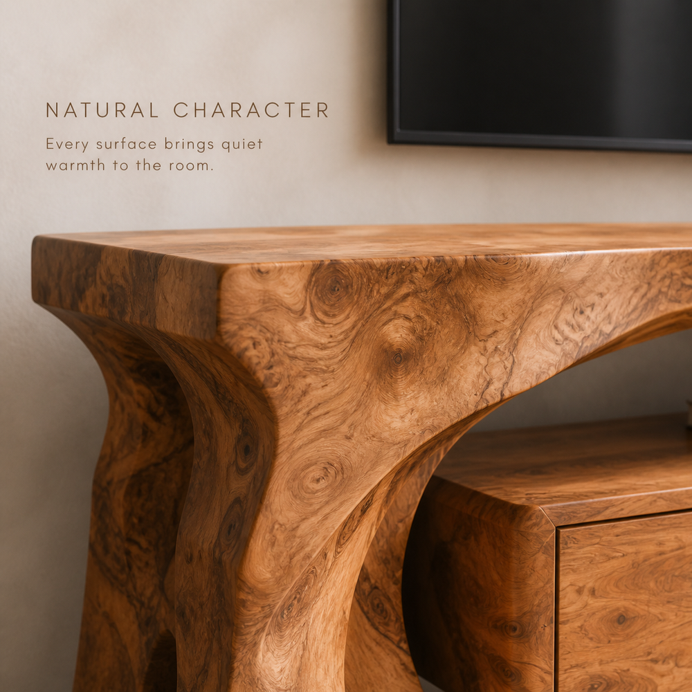 Mira Sculptural Solid Wood TV Stand - Design 014 - TV stand detail and styling view 04