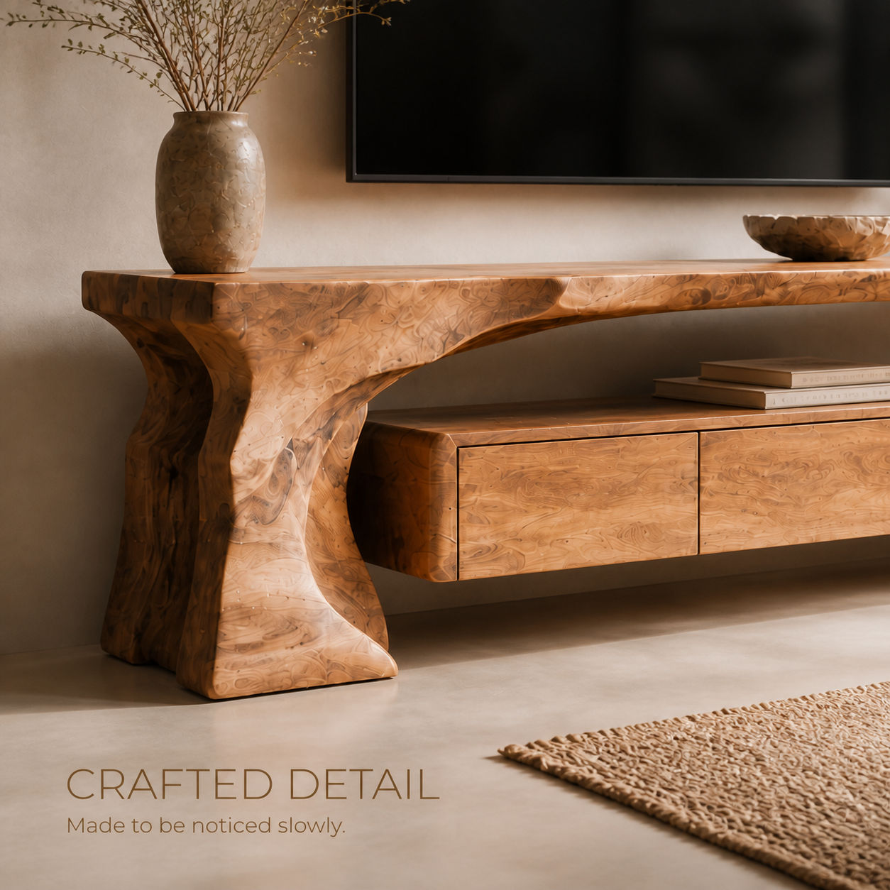 Mira Sculptural Solid Wood TV Stand - Design 014 - TV stand detail and styling view 05