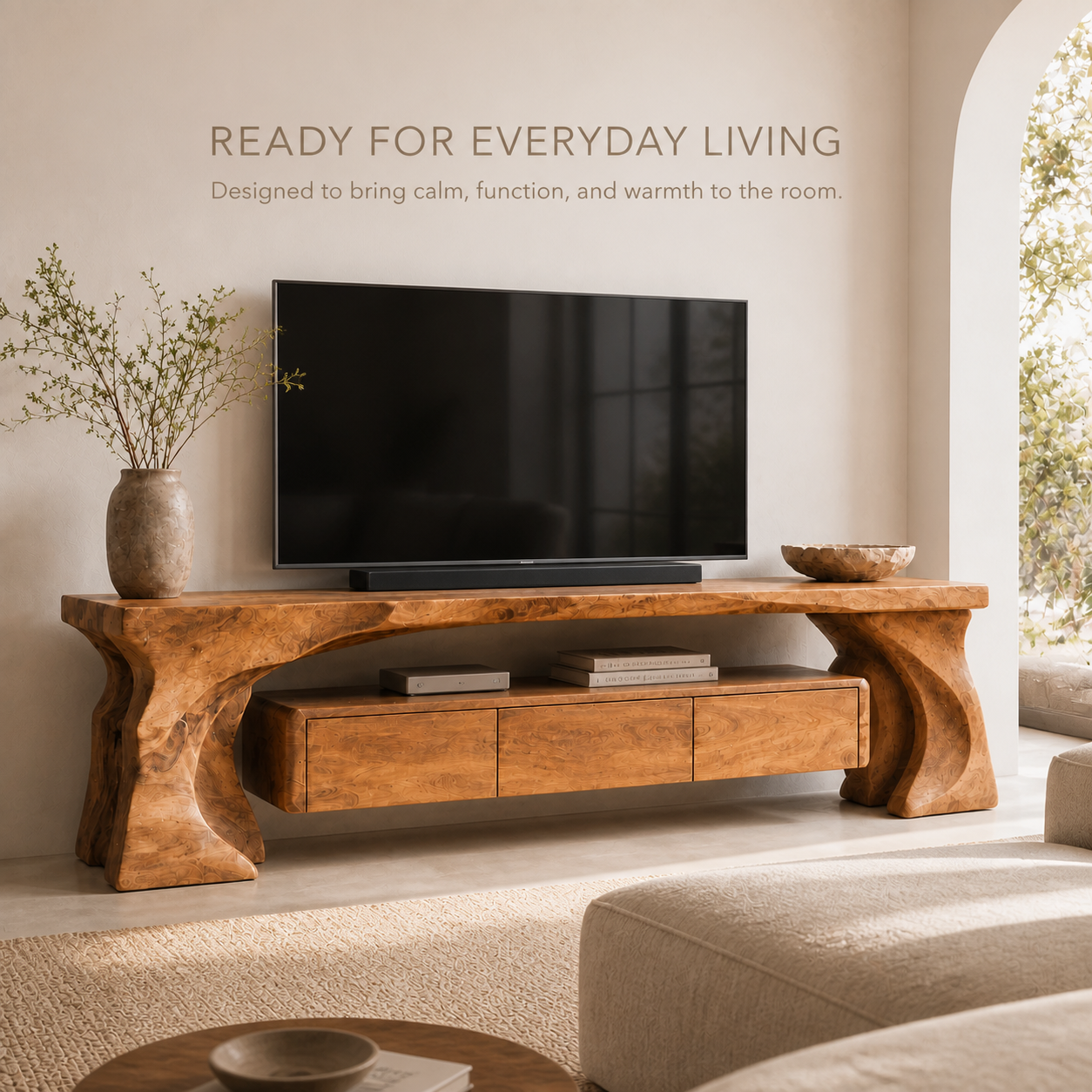 Mira Sculptural Solid Wood TV Stand - Design 014 - TV stand detail and styling view 06