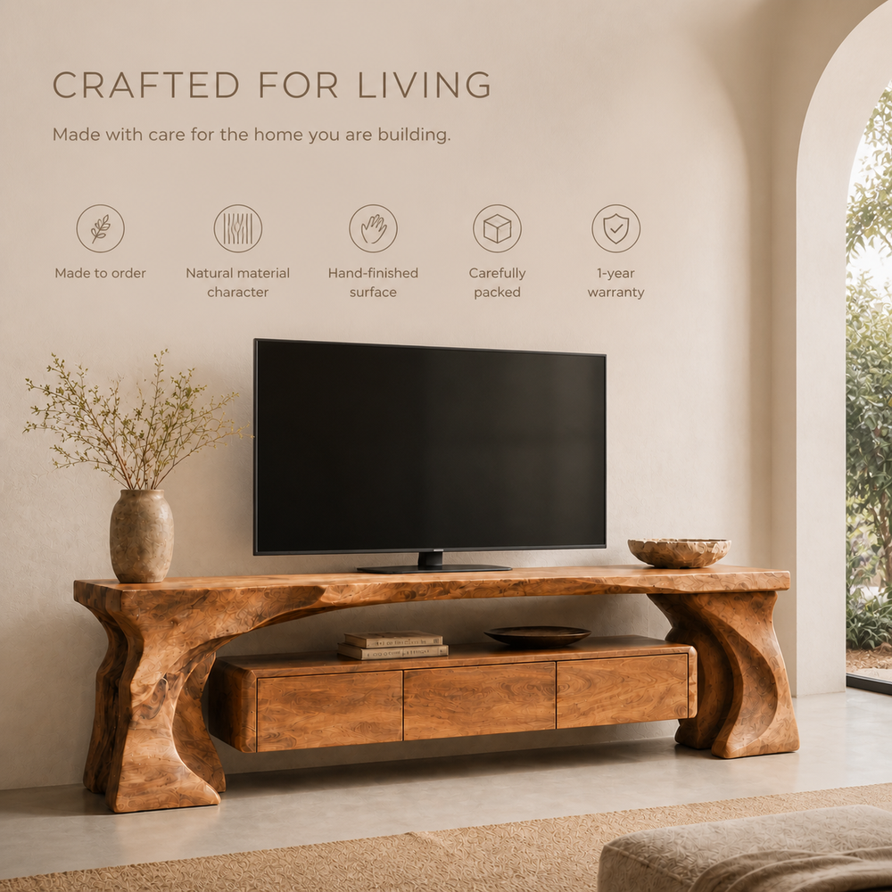 Mira Sculptural Solid Wood TV Stand - Design 014 - TV stand detail and styling view 08