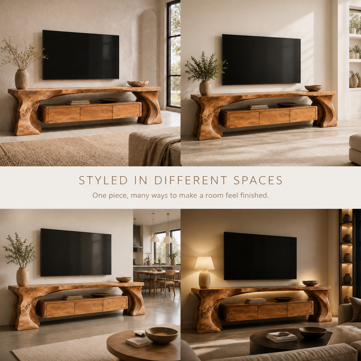Mira Sculptural Solid Wood TV Stand - Design 014 - TV stand detail and styling view 09