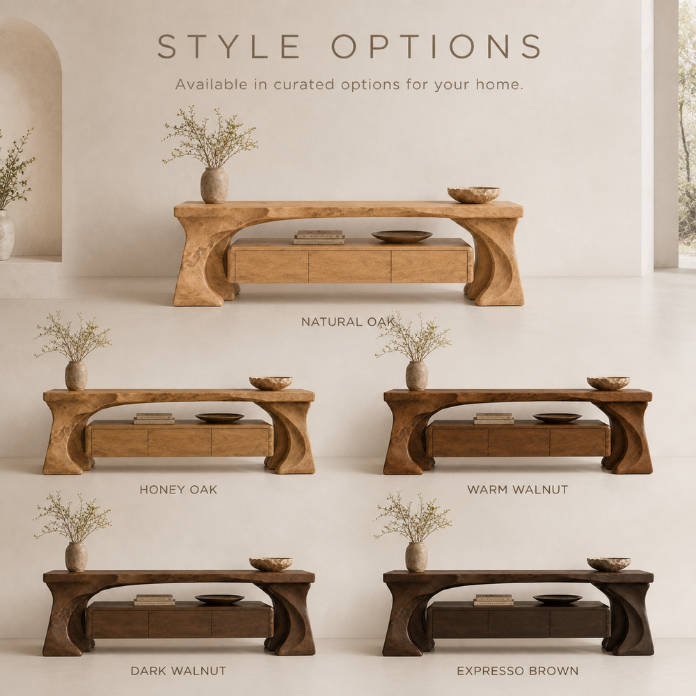 Mira Sculptural Solid Wood TV Stand - Design 014 - TV stand detail and styling view 10