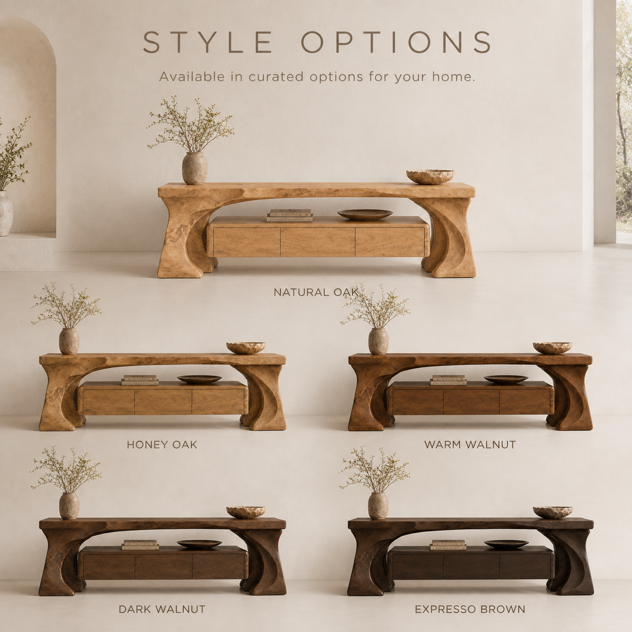 Mira Sculptural Solid Wood TV Stand - Design 014 - TV stand detail and styling view 10