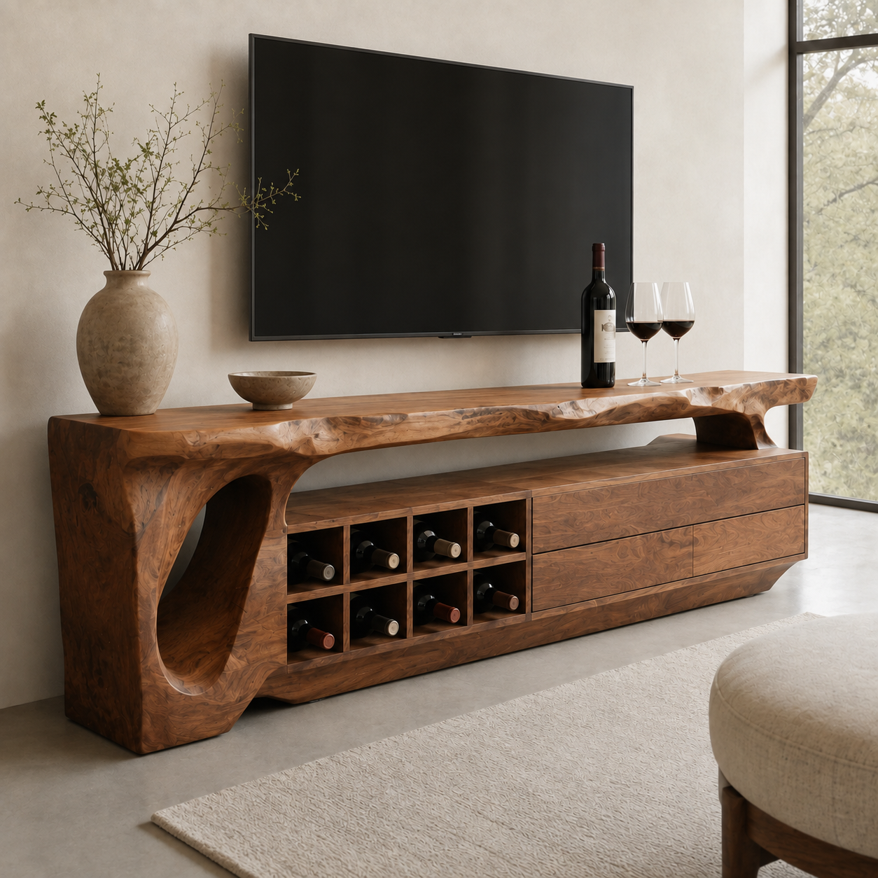 Talia Sculptural Solid Wood TV Stand - Design 015 - premium solid wood TV stand main lifestyle view