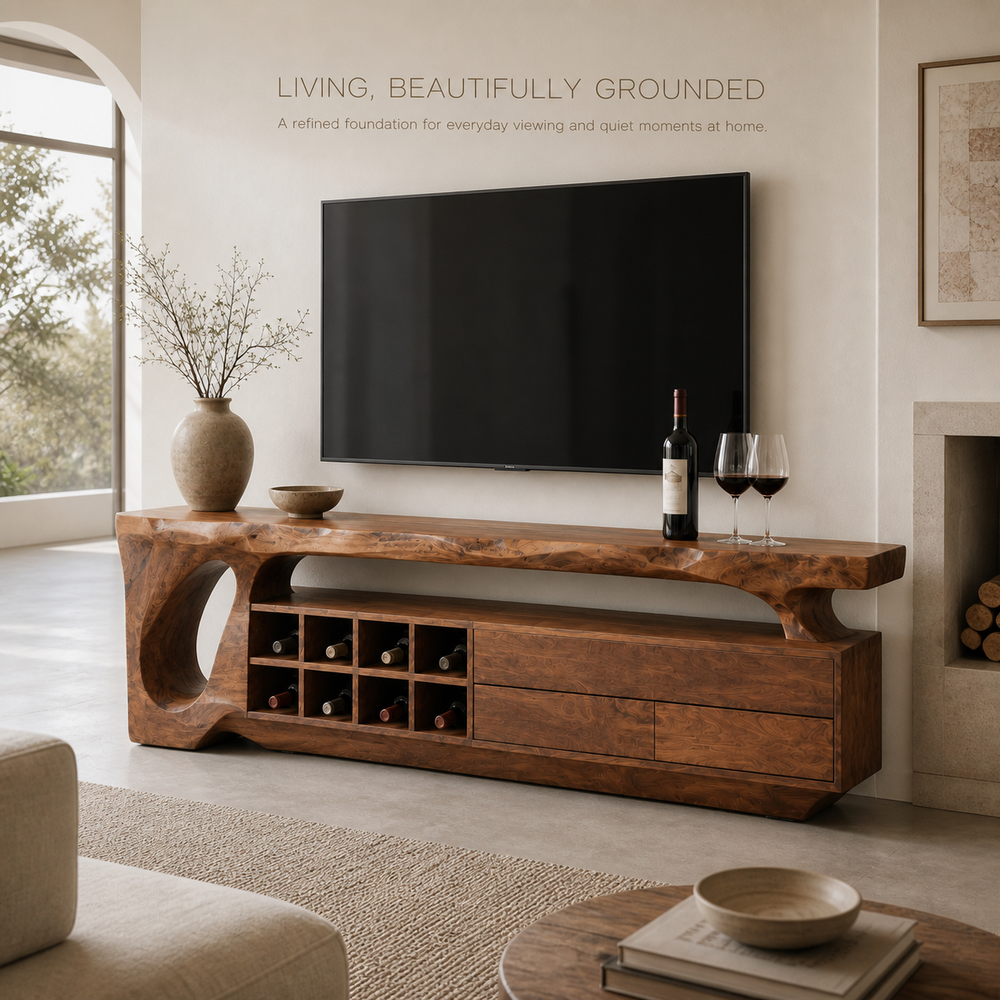 Talia Sculptural Solid Wood TV Stand - Design 015 - TV stand detail and styling view 01