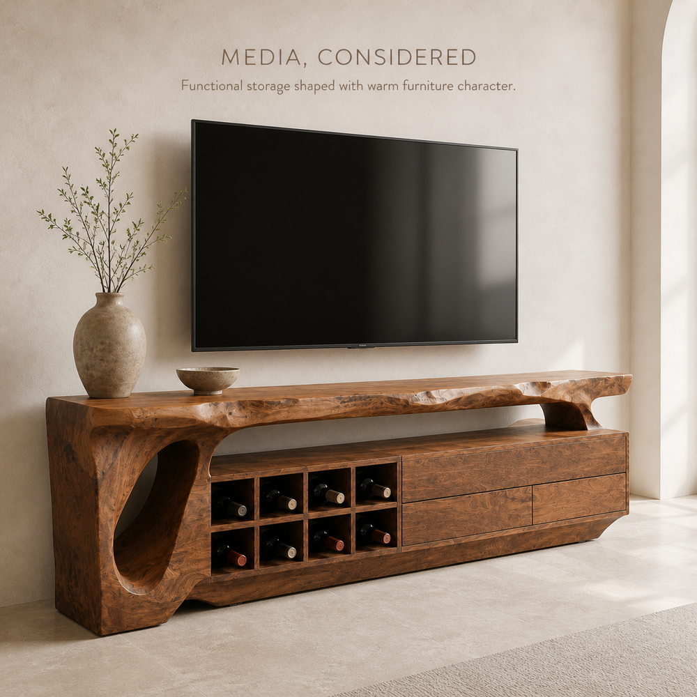 Talia Sculptural Solid Wood TV Stand - Design 015 - TV stand detail and styling view 02