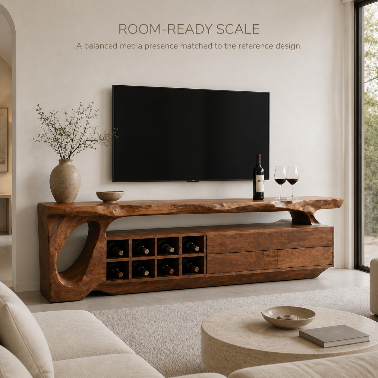Talia Sculptural Solid Wood TV Stand - Design 015 - TV stand detail and styling view 03