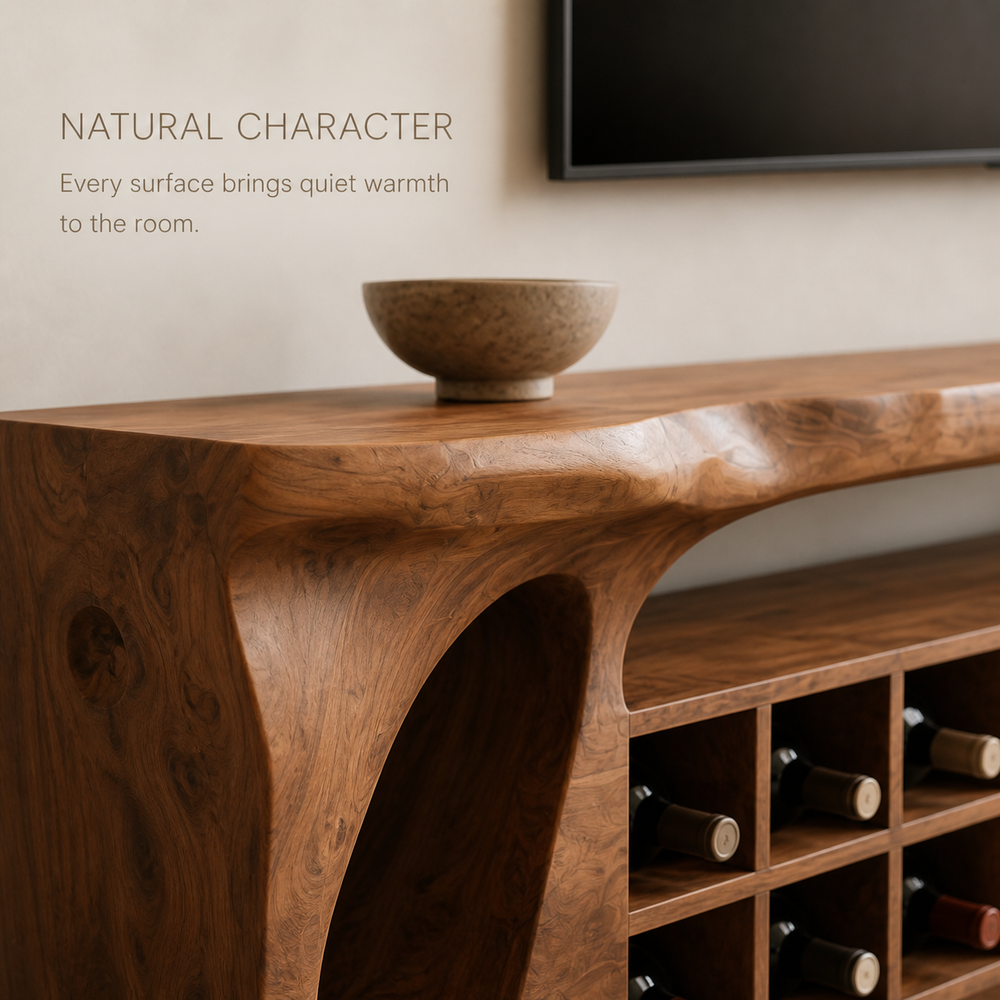 Talia Sculptural Solid Wood TV Stand - Design 015 - TV stand detail and styling view 04