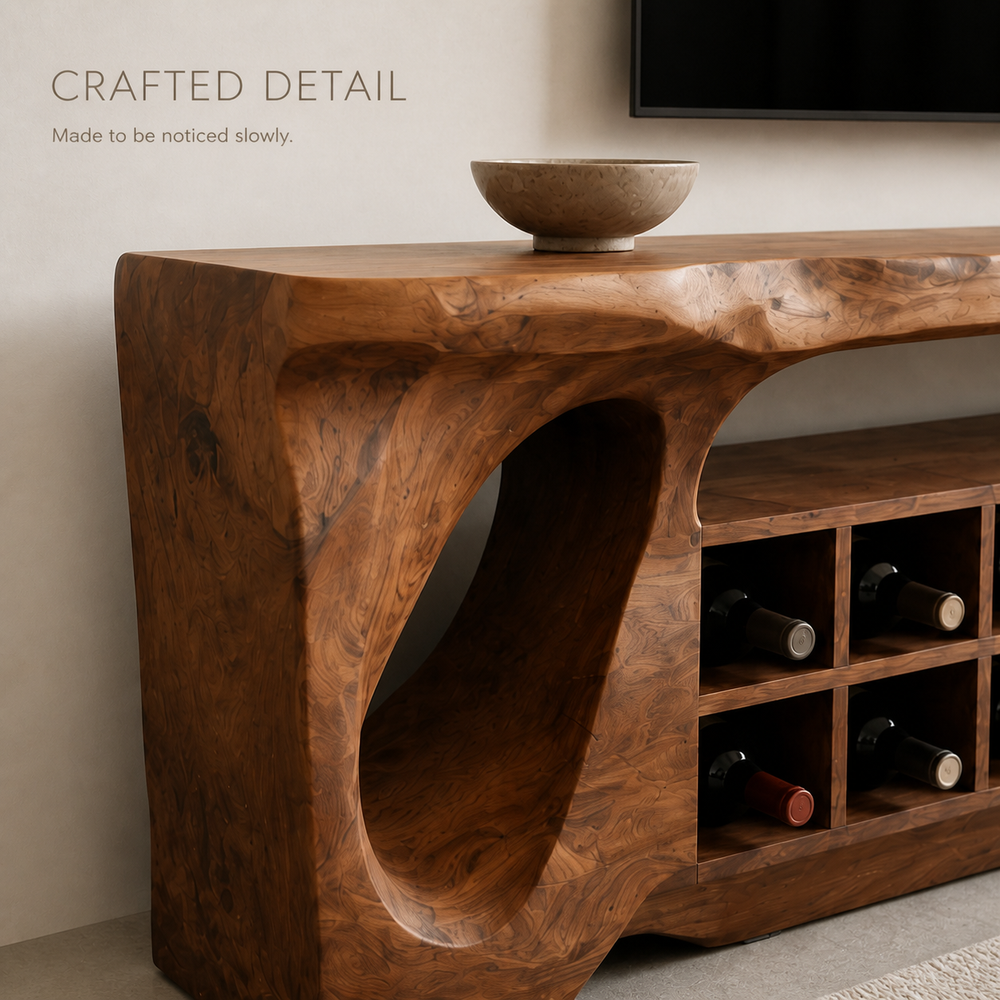 Talia Sculptural Solid Wood TV Stand - Design 015 - TV stand detail and styling view 05