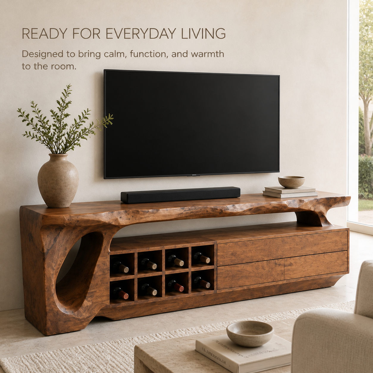Talia Sculptural Solid Wood TV Stand - Design 015 - TV stand detail and styling view 06