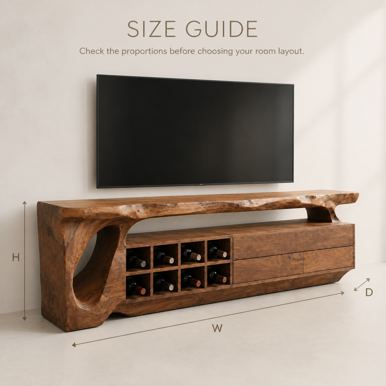 Talia Sculptural Solid Wood TV Stand - Design 015 - TV stand detail and styling view 07