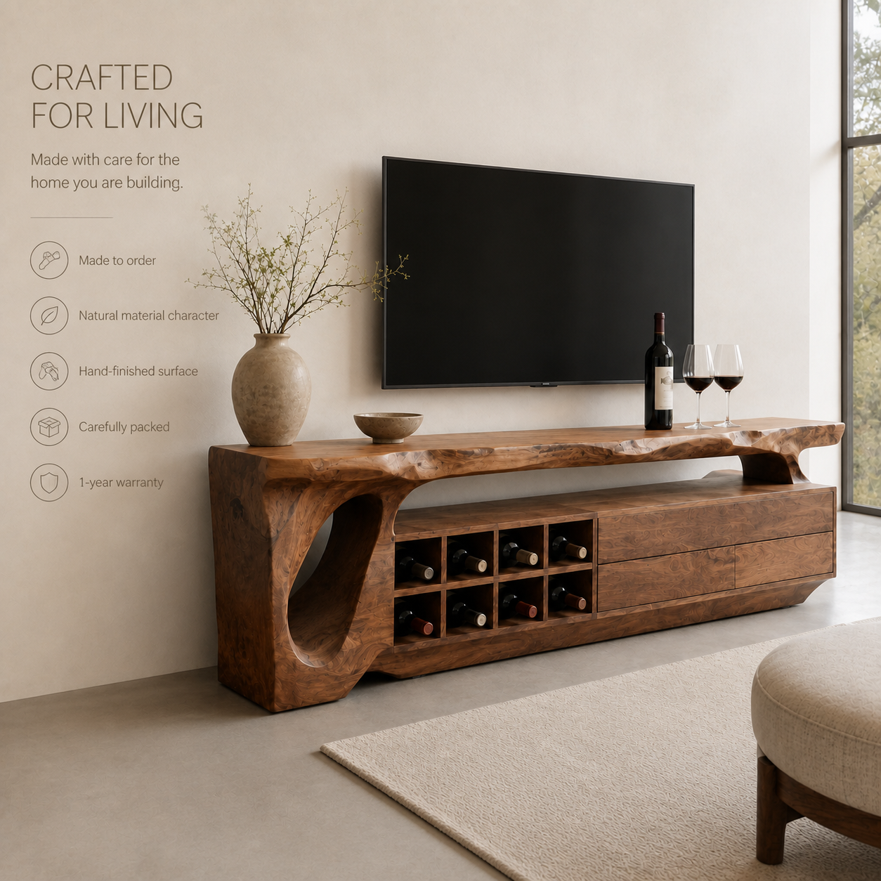 Talia Sculptural Solid Wood TV Stand - Design 015 - TV stand detail and styling view 08