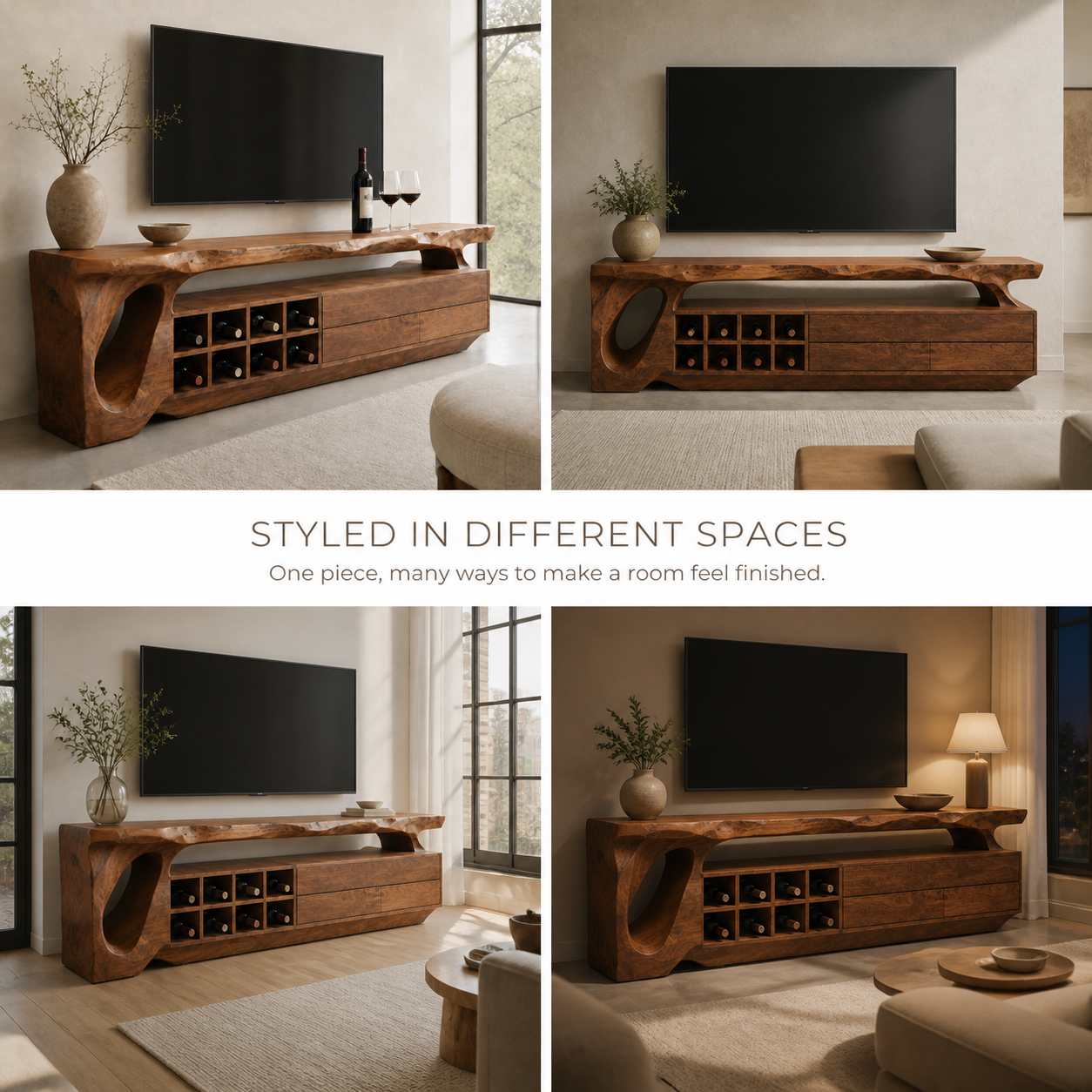 Talia Sculptural Solid Wood TV Stand - Design 015 - TV stand detail and styling view 09