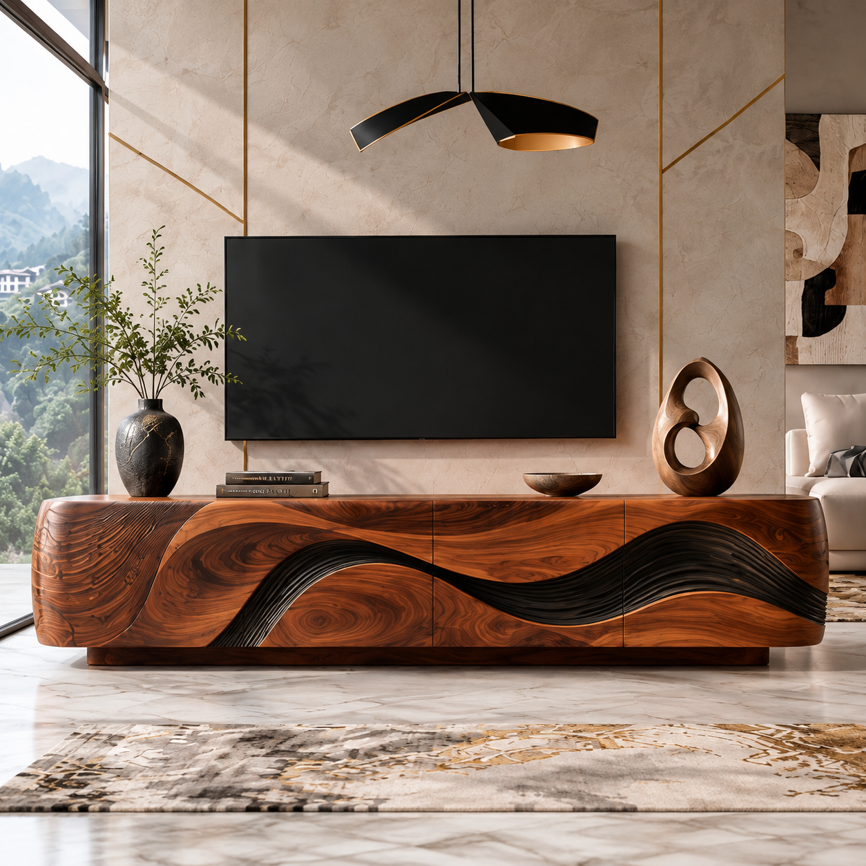 Vale Sculptural Solid Wood TV Stand - Design 016 - premium solid wood TV stand main lifestyle view