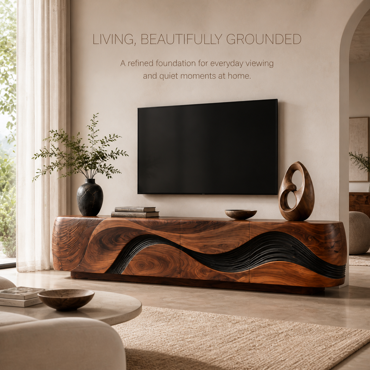 Vale Sculptural Solid Wood TV Stand - Design 016 - TV stand detail and styling view 01