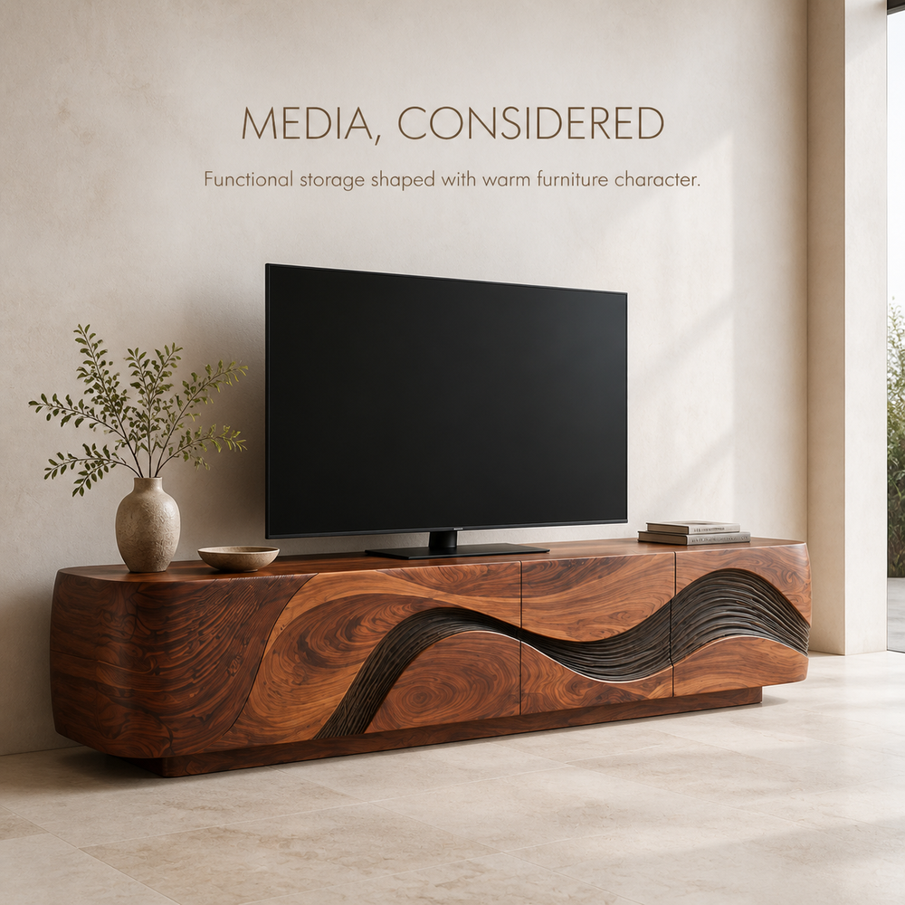 Vale Sculptural Solid Wood TV Stand - Design 016 - TV stand detail and styling view 02