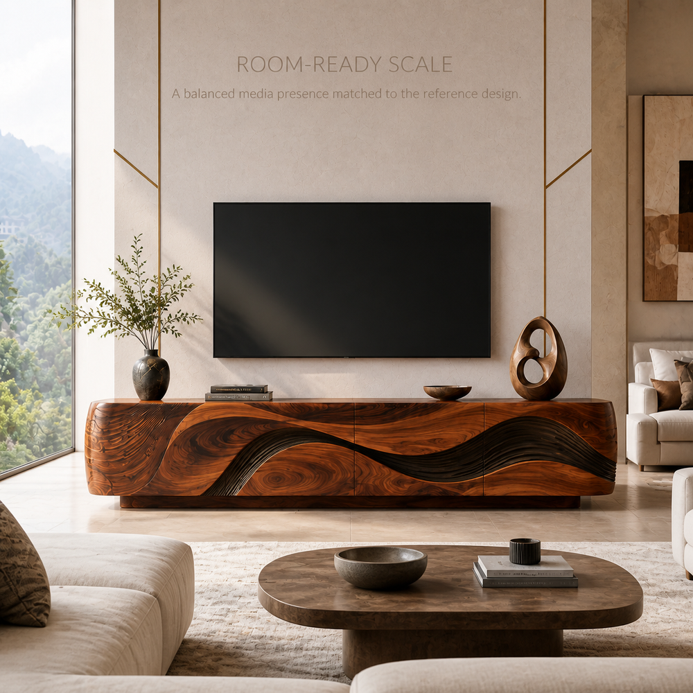 Vale Sculptural Solid Wood TV Stand - Design 016 - TV stand detail and styling view 03