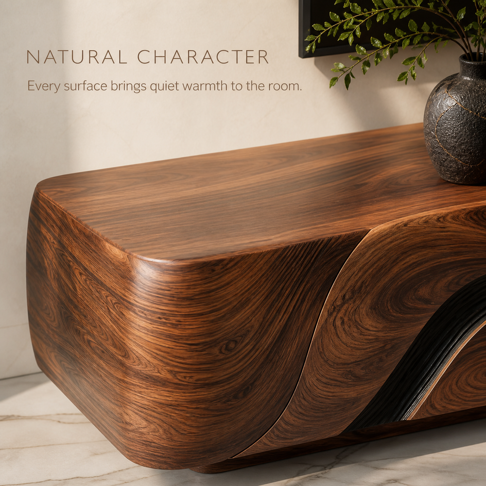 Vale Sculptural Solid Wood TV Stand - Design 016 - TV stand detail and styling view 04